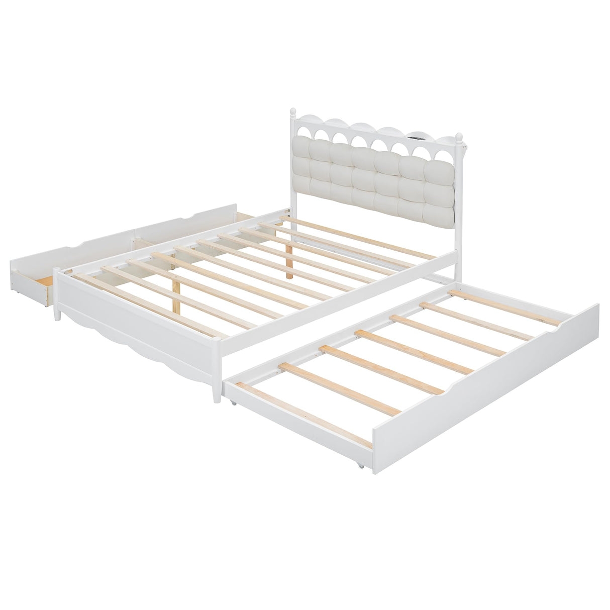 Bellemave Queen Bed Frame with Headboard & USB Ports, Queen Size Platform Bed with Twin XL Size Trundle, Queen Size Bed Frame with 2 Drawers, No Noise, No Box Spring Needed, Wood, White Bellemave