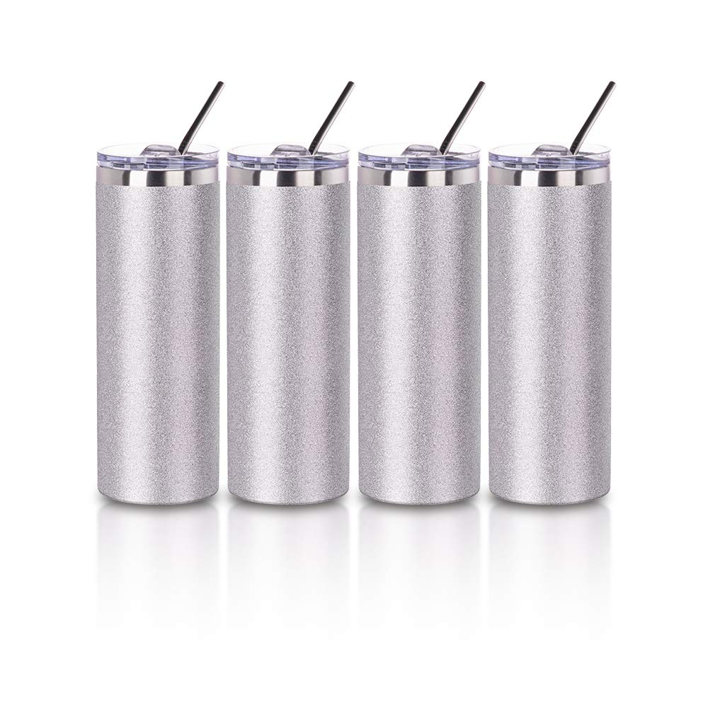 PYD Life Sublimation Blanks Glitter Tumbler Skinny Silver 20 OZ Straight Stainless Steel Tumbler with Lid and Metal Straw for Tumbler Press Machine Heat Transfer Sublimation Cups 4 Pack - WoodArtSupply