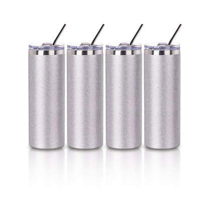 PYD Life Sublimation Blanks Glitter Tumbler Skinny Silver 20 OZ Straight Stainless Steel Tumbler with Lid and Metal Straw for Tumbler Press Machine Heat Transfer Sublimation Cups 4 Pack - WoodArtSupply