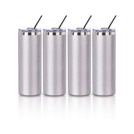 PYD Life Sublimation Blanks Glitter Tumbler Skinny Silver 20 OZ Straight Stainless Steel Tumbler with Lid and Metal Straw for Tumbler Press Machine Heat Transfer Sublimation Cups 4 Pack PYD Life