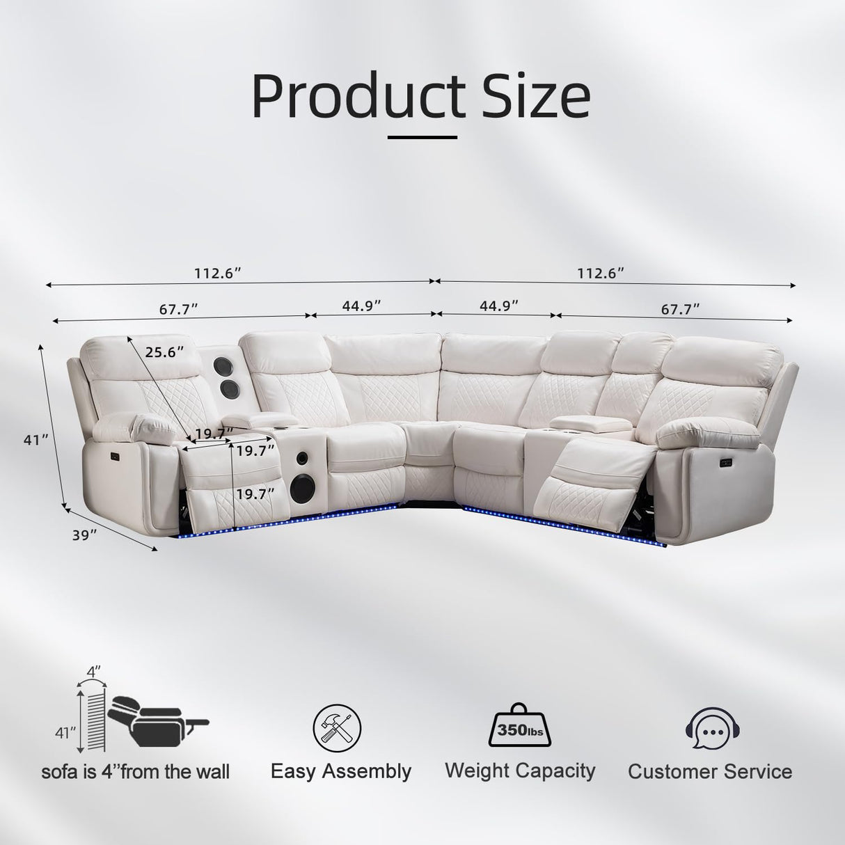 TODRANI Power Sectional Reclining Sofa with Bass Speaker, Faux Leather Recliner Corner Couches with USB Ports, Modern Recliner Sofa for Living Room with LED Lighting, White TODRANI