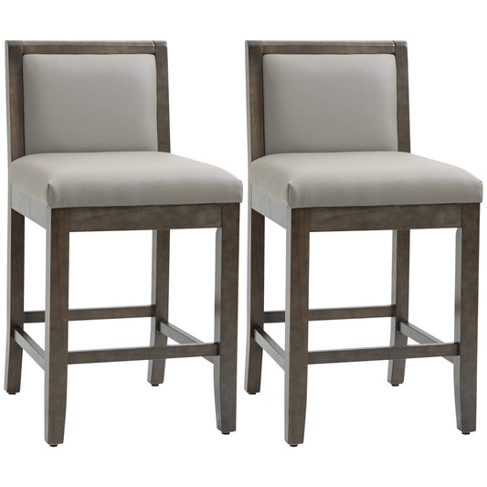 HOMCOM Set of 2 Grey PU Leather Counter Height Bar Stools with Back and Wood Legs