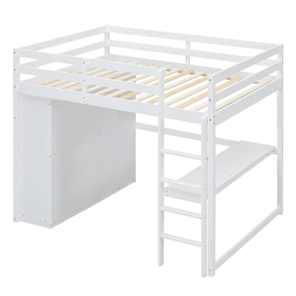 White Full Size Loft Bed with Desk & Wardrobe, Solid Wood Kids Loft Bedframe w/3 Storage Drawers & 2 Shelves, Maximum Space Design, for Bedroom, Dorm