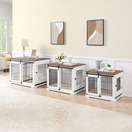 beeNbkks Dog Crate Furniture with Sliding Barn Door, Stylish Double Doors Wooden Kennel with Tray and Cushion, Decorative Indoor Pet House Side End Table for Medium Large Dogs beeNbkks
