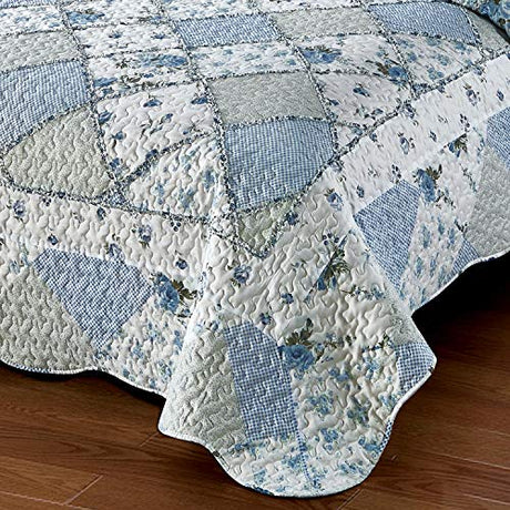 VIVILINEN Blue Floral Patchwork Quilt Set King Size Reversible Quilted Bedding Set with 2 Pillowcases VIVILINEN