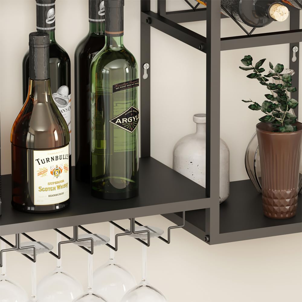 KaKaBB Metal Wall Mounted Wine Rack 2 Tier, Bar Shelves for Liquor Bottles with Glass Holder Storage, Floating Liquor Wall Shelf for Home Bar Kitchen Dining Room (Black) KaKaBB