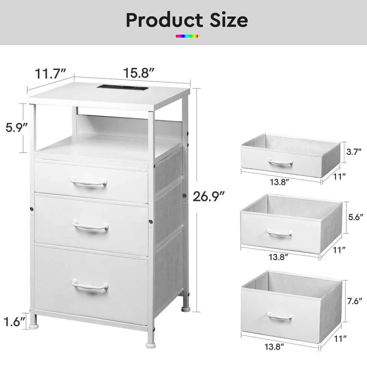 Yetom Nightstand with Charging Station Set of 2, LED Night Stand with3 Fabric Drawers, Side Table with Open Shelf, End Table with Steel Frame, 3 Drawer Dresser for Bedroom, White YeTom