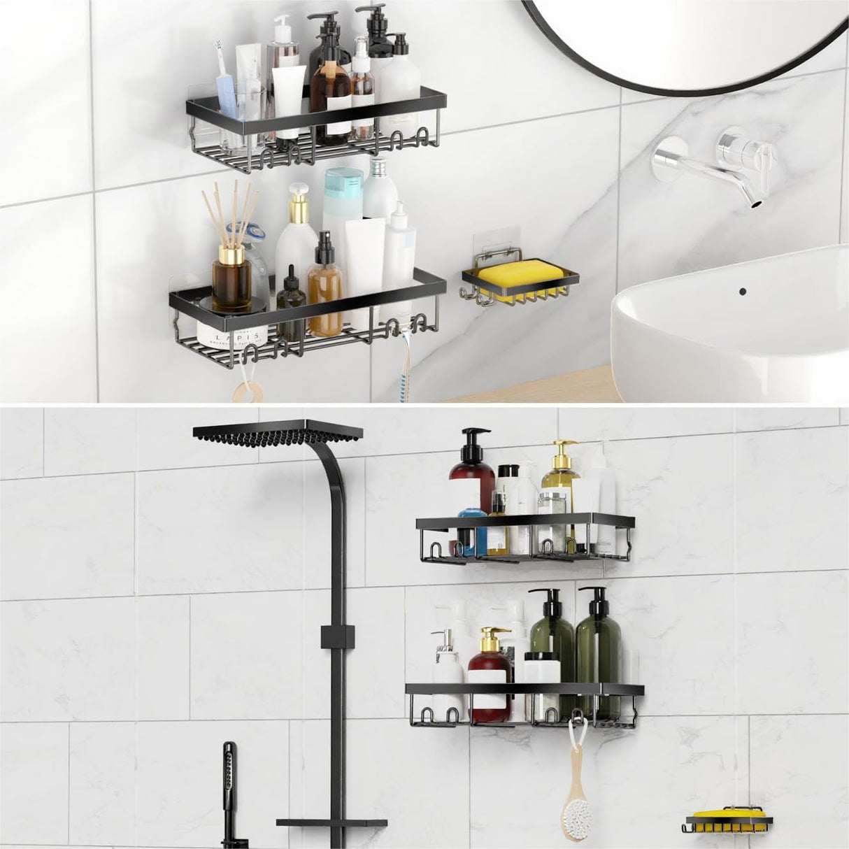 Moforoco 3-Pack Shower Caddy Basket Shelf with Soap Holder, No Drilling Traceless Adhesive Shower Wall Shelves, Rustproof Black Bathroom Shower Storage Organizer Moforoco