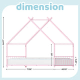 Karl home Twin Size Toddler Floor Bed, Metal Montessori Bed with Slats & Fence, Roof/House/Canopy Bed Frame for Girls, Boys, No Box Spring Needed, Pink Karl home