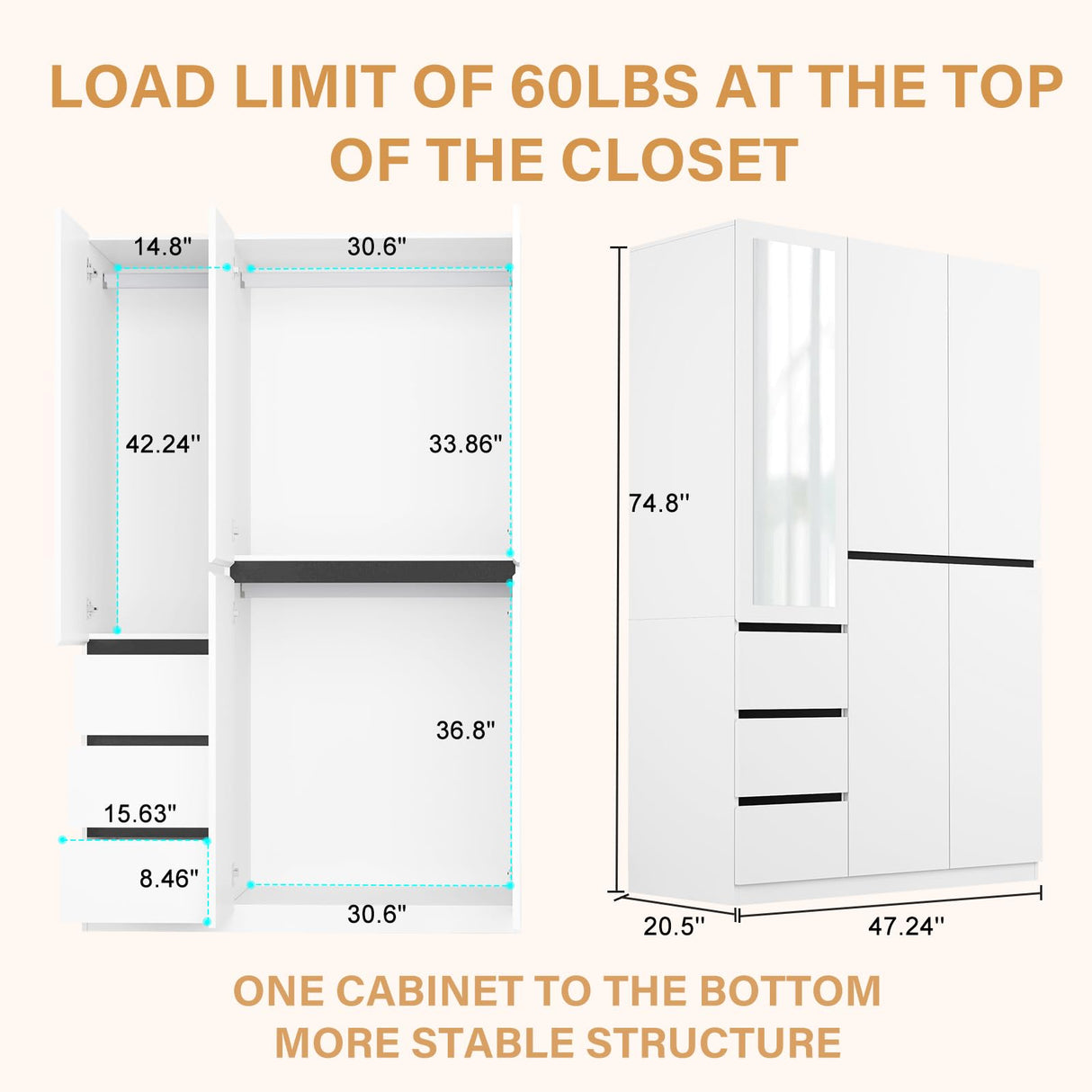 Wakefit 5 Door Armoire Wardrobe Closet with 3 Drawers & Mirror, Wooden Bedroom Armoires with Shelves and Hanging Rod, Freestanding Wardrobe Cabinet for Bedroom, Guest Room (White) Wakefit
