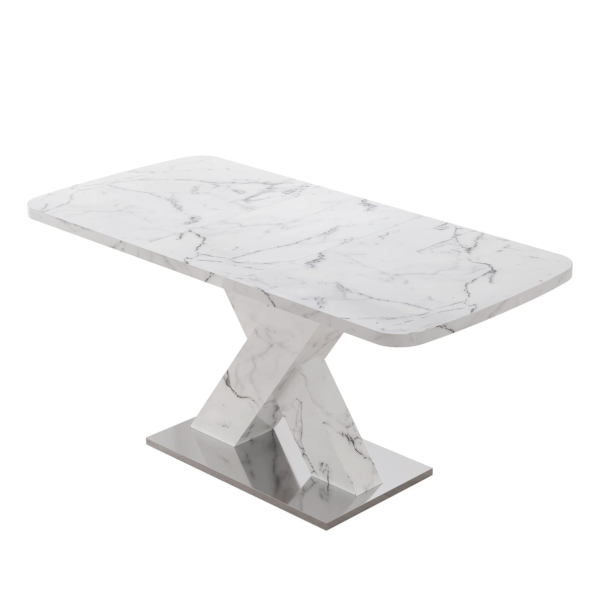 Lasadelgar Expandable Dining Table for 4, Extendable 47-63 Inch Modern White Faux Marble Dining Room Table with MDF Table Top X-Shape Table Leg Metal Base Lasadelgar