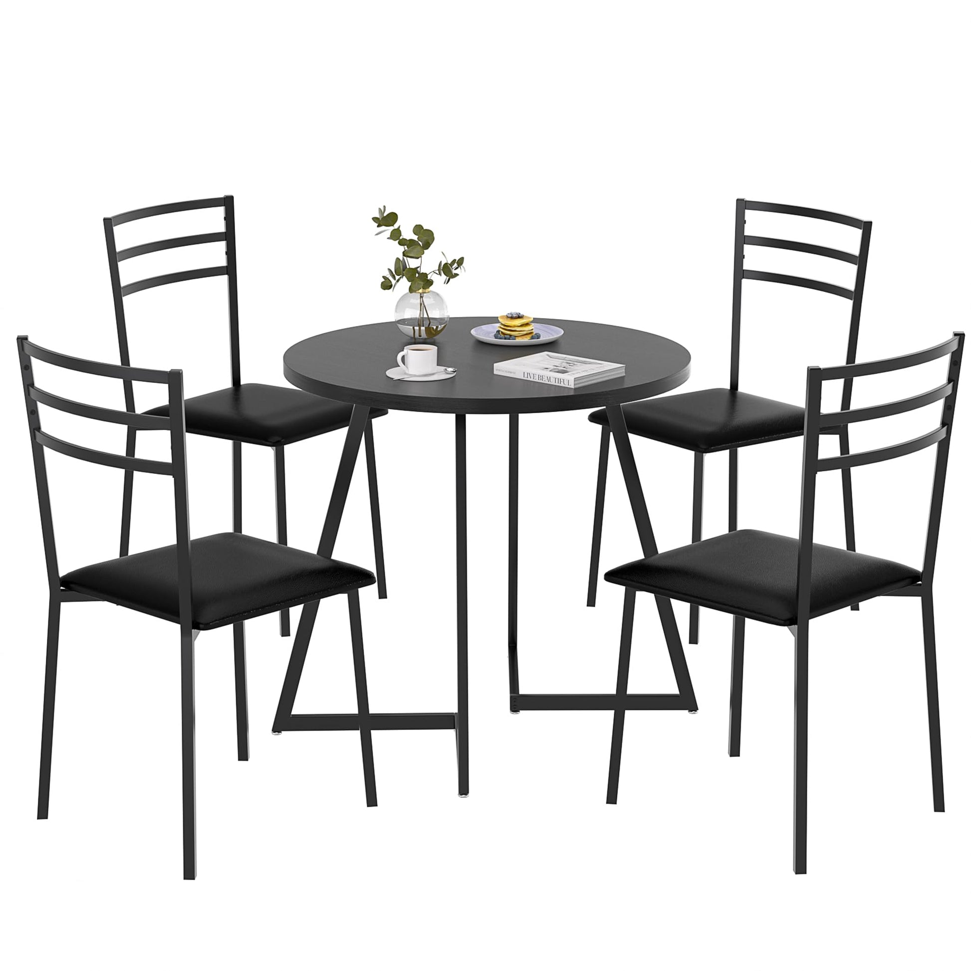 VECELO Round Dining Table with Steel Frame for 2-4 People, Space Saving for Home, Kitchen, Apartment, Wood-grain Black - WoodArtSupply