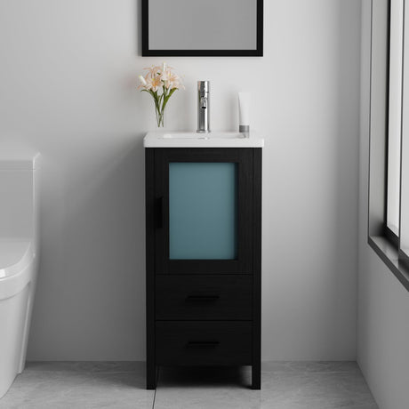 wonline 16" Bathroom Vanity Set, Single Small Bathroom Cabinet with Ceramic Sink, Modern Black Cabinet Vanity with Faucet & Pop Up Drain wonline