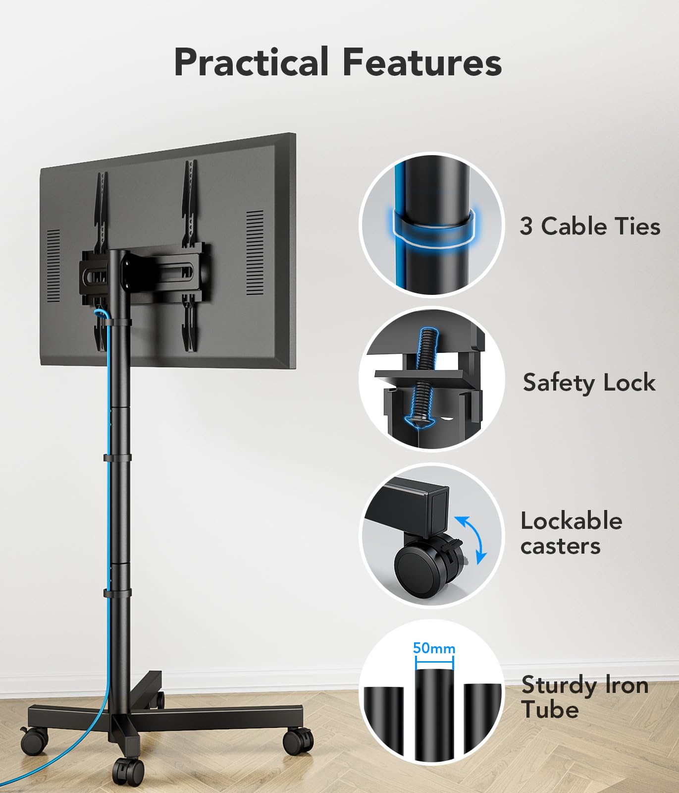 Mobile TV Cart Stand with Wheels for 23-60 Inch LCD LED Flat Curved Screen Outdoor Rolling TV Mount with Height Adjustable Portable Floor Stand Holds up to 88lbs Monitor TV Holder Max VESA 400x400mm