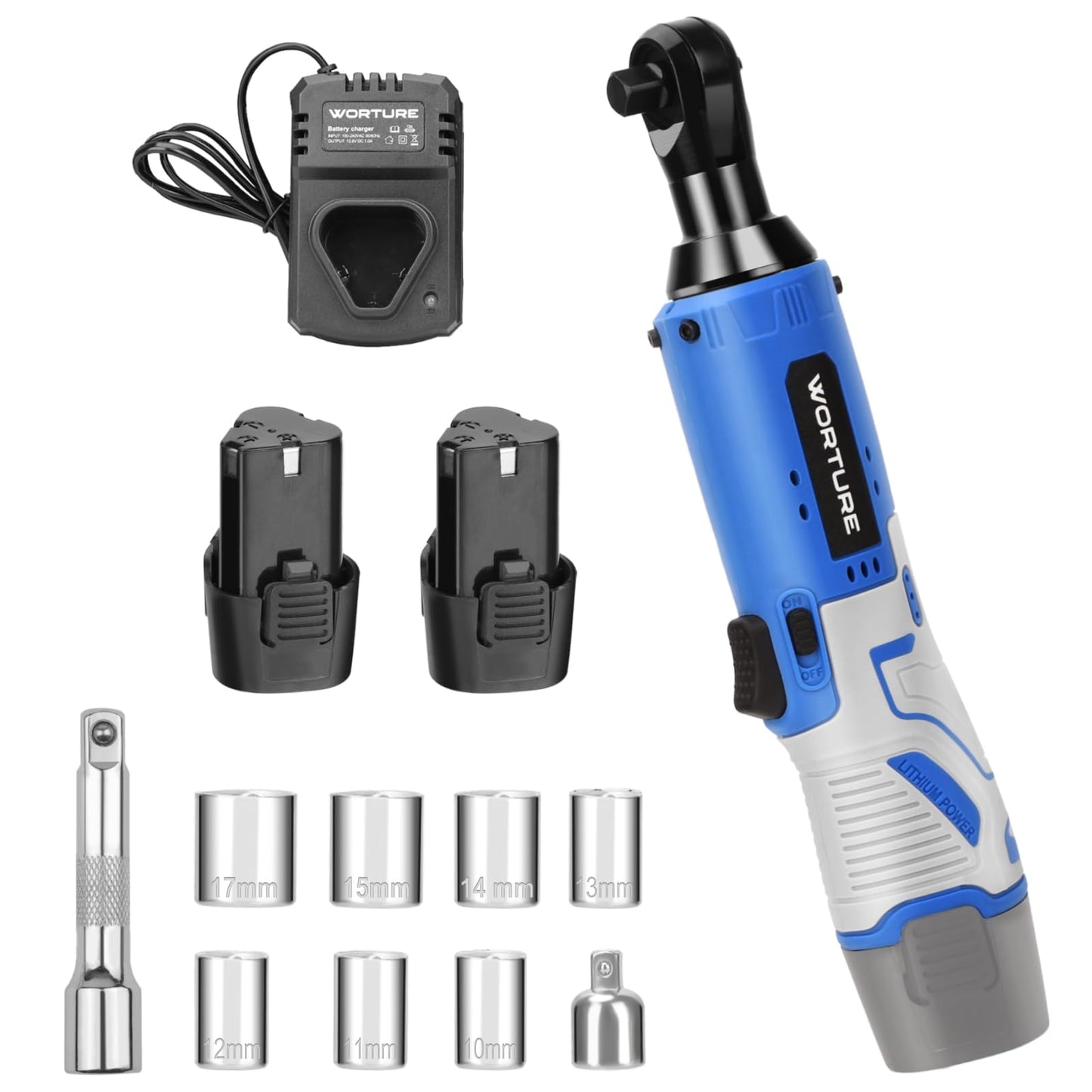 Worture Cordless Electric Ratchet Wrench, 40N.m 12V Power Ratchet Tool Kit with 2 * 2000mAh Lithium-ion Batteries, 1 * Fast Charger, 7 * Sockets, 1 * 1/4 Inch Adaptor, 1 * Extension Bar - WoodArtSupply