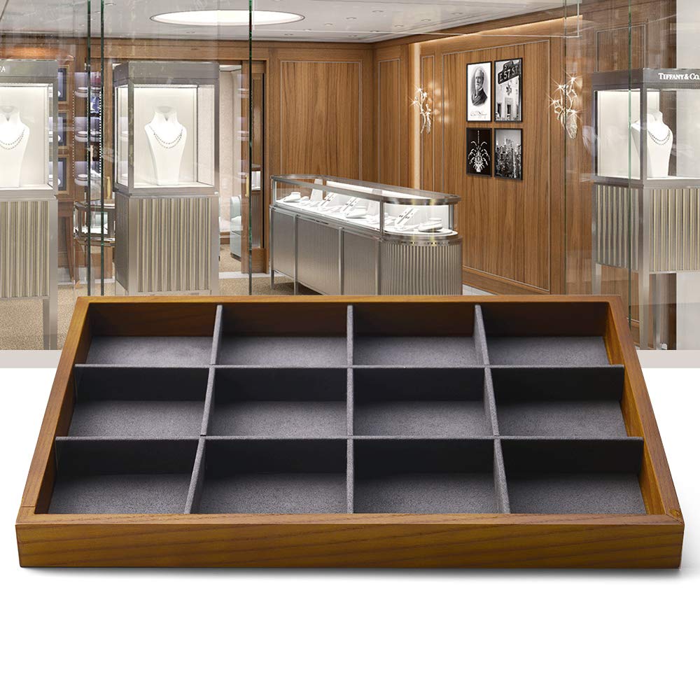 Oirlv 12 Grids Wood Jewelry Organizer Tray Stackable Jewelry Drawer Tray Bracelet/Watch Showcase Display Storage(Grey) Oirlv