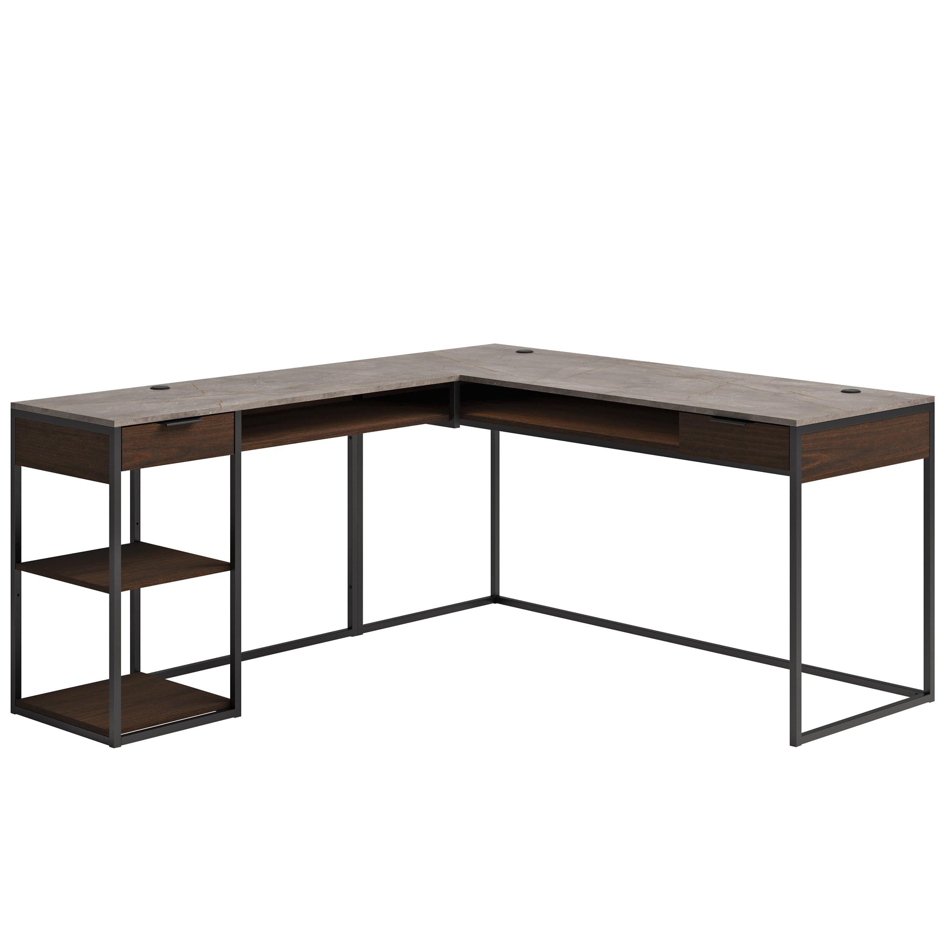 Sauder International Lux Modern L-Shaped Desk, L: 65.98" x W: 60.0" x H: 29.72", Umber Wood finish - WoodArtSupply