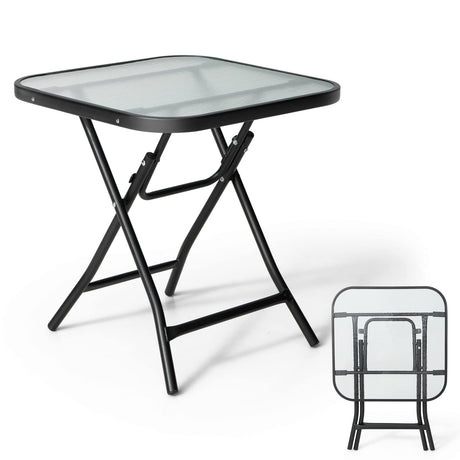 Giantex Folding Side Table, Square Small Patio Table, Tempered Glass Tabletop, Steel Frame, Weather-Resistant Outdoor Indoor Use for Bistro Porch Garden Balcony 18"x18"x18.5" Giantex