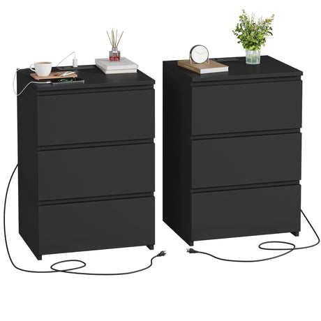 FOTOSOK Black Nightstand Set of 2, 26" H Night Stand Set 2 with Charging Station, Black Night Stand with USB Ports & Power Outlets, Silent Slides, End Side Table Bedside Table for Bedroom FOTOSOK