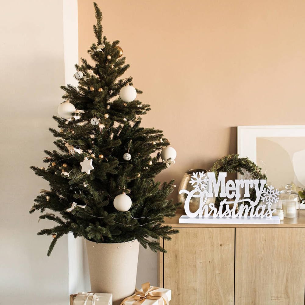 Wooden Merry Christmas Tabletop Decor, Elegant Merry Christmas Wood Cutout with Glitter, Wooden Christmas Table Sign, Christmas Centerpiece for Xmas Party Decor for Table Tiered Tray Mantel (White) IDATOO