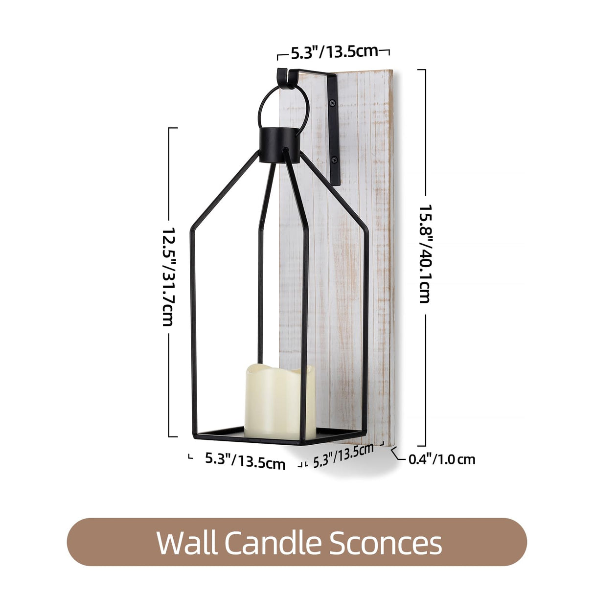 Staymoment Candle Sconces Wall Decor Set of 2: Farmhouse Wood Candle Holder - Indoor Black Metal Lantern Decorations for Living Room Front Porch Yard, Washwhite Staymoment