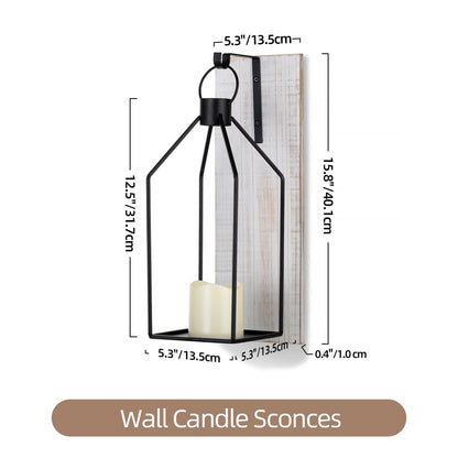 Staymoment Candle Sconces Wall Decor Set of 2: Farmhouse Wood Candle Holder - Indoor Black Metal Lantern Decorations for Living Room Front Porch Yard, Washwhite - WoodArtSupply