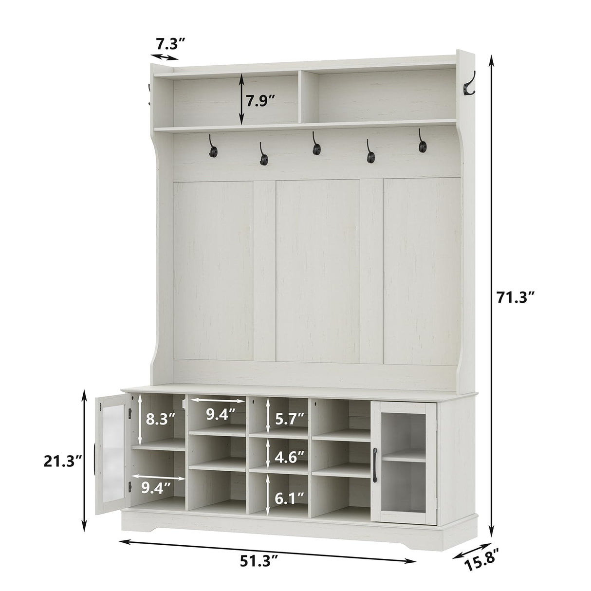 Furnihold 51.3'' Hall Tree, Off White Entryway Bench with Coat Rack, 10 Shoe Storage & 7 Coat Hooks & Adjustable Shelf, Glass Door Farmhouse Wooden Style Hall Tree with Shoe Storage Bench Furnihold