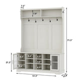 Furnihold 51.3'' Hall Tree, Off White Entryway Bench with Coat Rack, 10 Shoe Storage & 7 Coat Hooks & Adjustable Shelf, Glass Door Farmhouse Wooden Style Hall Tree with Shoe Storage Bench Furnihold