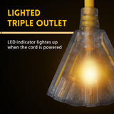 EP 50 Ft Lighted Outdoor Extension Cord with 3 Electrical Power Outlets - 14/3 SJTW Heavy Duty Yellow Extension Cable with 3 Prong Grounded Plug - Power Cord for Lawn, Garden, Appliances EP