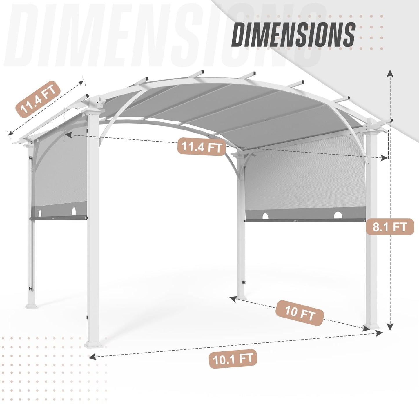 EAGLE PEAK 11.4x11.4 Outdoor Pergola with Retractable Textilene Sun Shade Top, Wood Looking Steel Frame Arch Patio Pergola, Gry