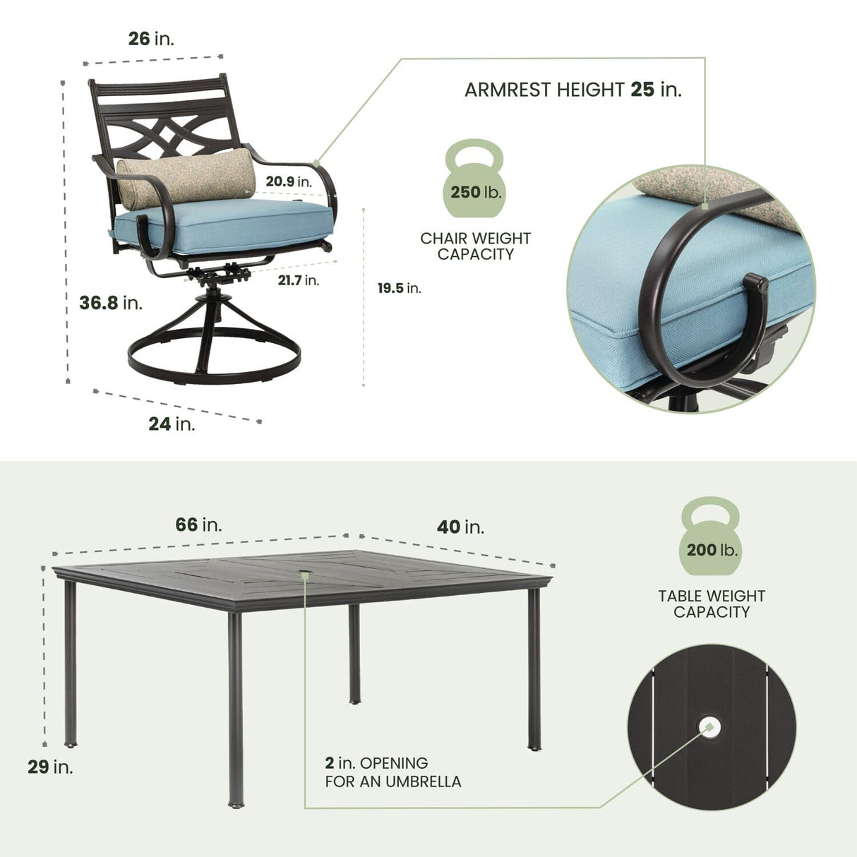 Hanover Montclair 7-Piece Outdoor Dining Set with 6 Swivel Rockers, Ocean Blue Cushions and Stamped Steel Rectangular Dining Table, Patio Dining Set for 6, Premium All-Weather Patio Furniture for Deck Hanover