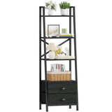 Furologee 4-Tier Ladder Shelf,Small Bookshelf with 2 Drawers,Vertical Bookcase Storage Rack Organizer,Display Bookshelves for Living Room,Bedroom,Bathroom,Home Office,Kitchen,Rustic Brown,Black Oak Furologee