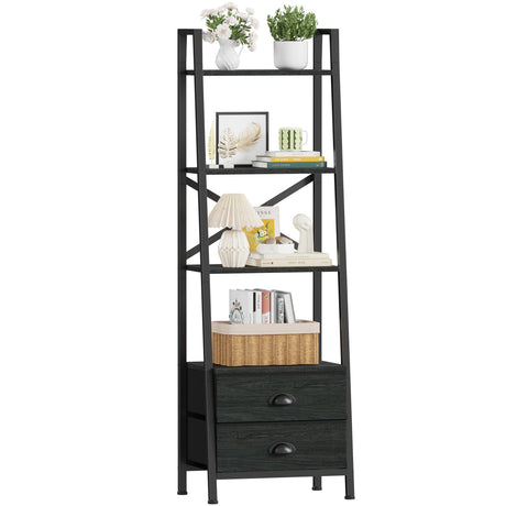 Furologee 4-Tier Ladder Shelf,Small Bookshelf with 2 Drawers,Vertical Bookcase Storage Rack Organizer,Display Bookshelves for Living Room,Bedroom,Bathroom,Home Office,Kitchen,Rustic Brown,Black Oak Furologee