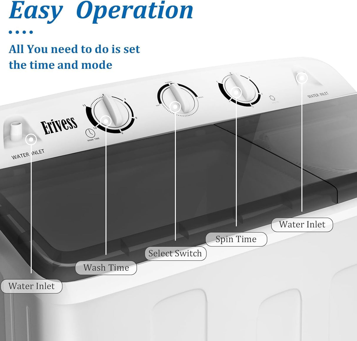 Erivess Compact Mini Twin Tub 32 lbs Washing Machine with Drying Rack& 10 Hangers, 20 lbs Washer Mini Compact Laundry Machine and 12 lbs Spinner, Convenient and Efficient for Dorms, Apartment Erivess