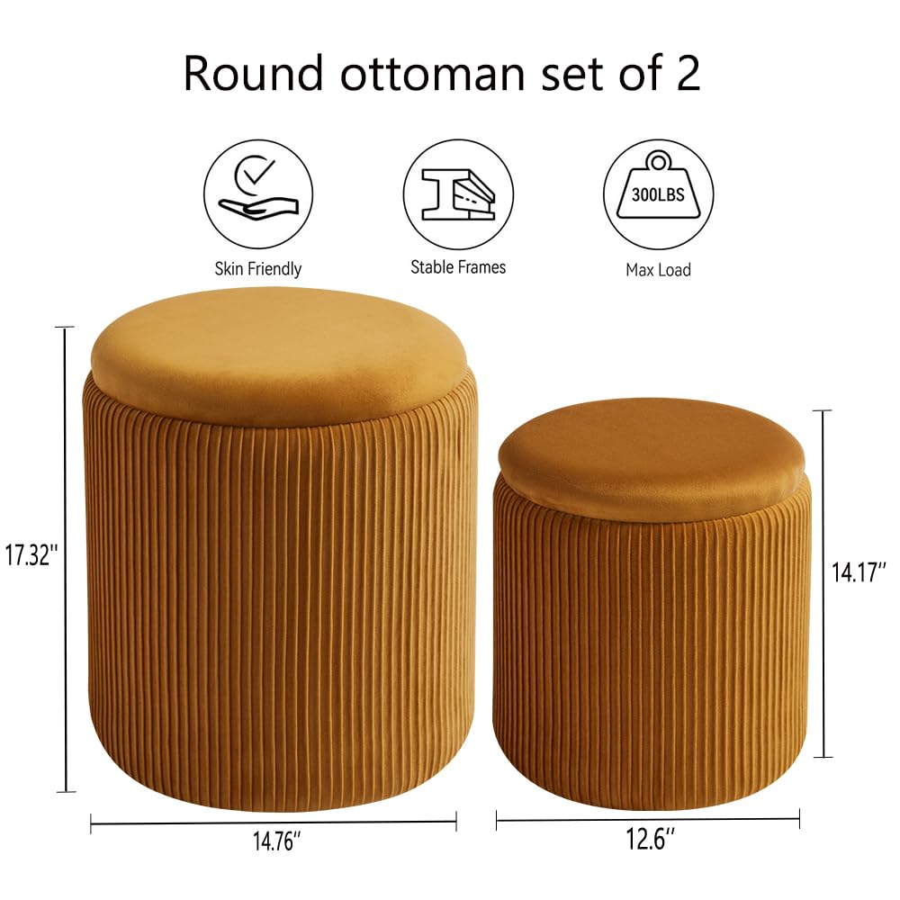 BLEXA Round Set of 2 Ottoman with Storage-Upholstered Velvet Vanity Stool for Makeup Multifunctional Ottomans Coffee Table Padded Seat Foot Rest for Living Room&Bedroom (Yellow) BLEXA