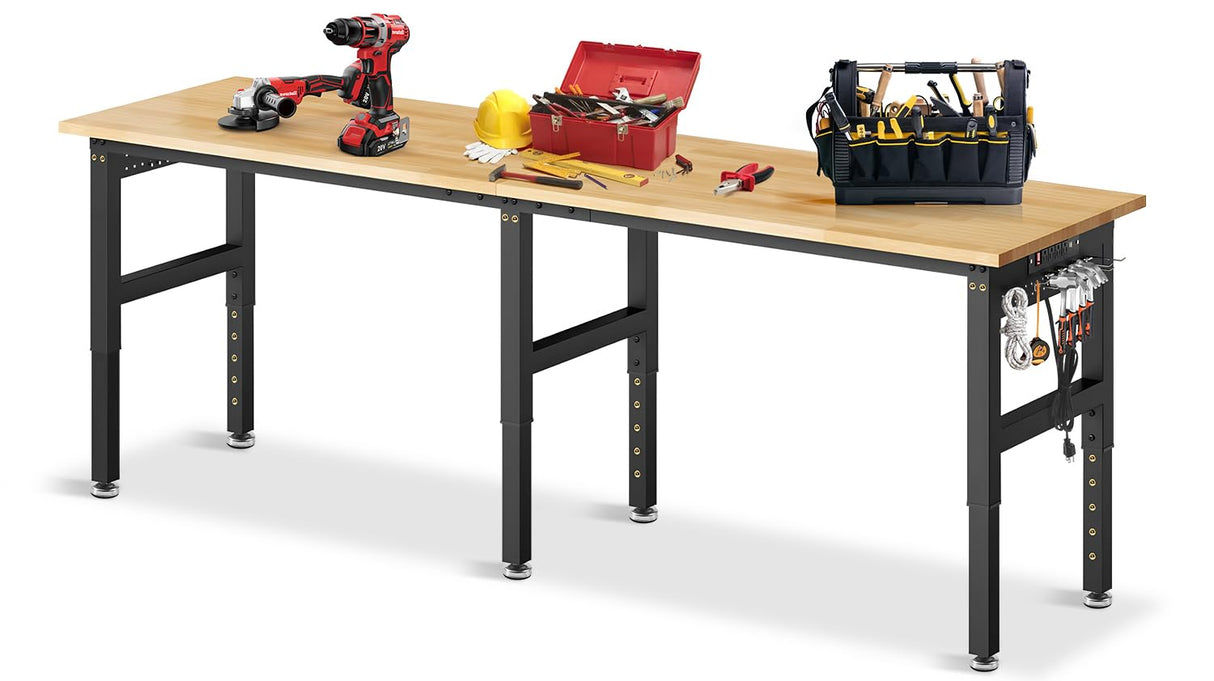 MUWOOD 96”Adjustable Work Bench, 5000 LBS Capacity Heavy Duty Workbench with Power Outlet & Pegboard, Rubber Wood Work Table for Garage, Workshop, Office, Home MUWOOD