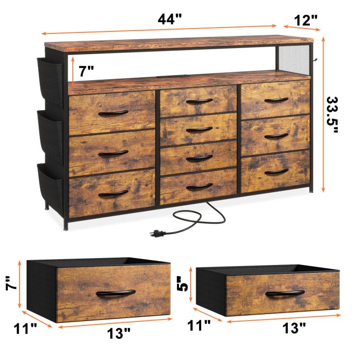 EnHomee Dresser TV Stand with 10 Drawers for 55" TV Stand for Bedroom with LED Lights & Power Outlets Wide Dresser for Bedroom with Shelves & Side Pockets Sturdy Metal Frame & Wood Top, Rustic Brown