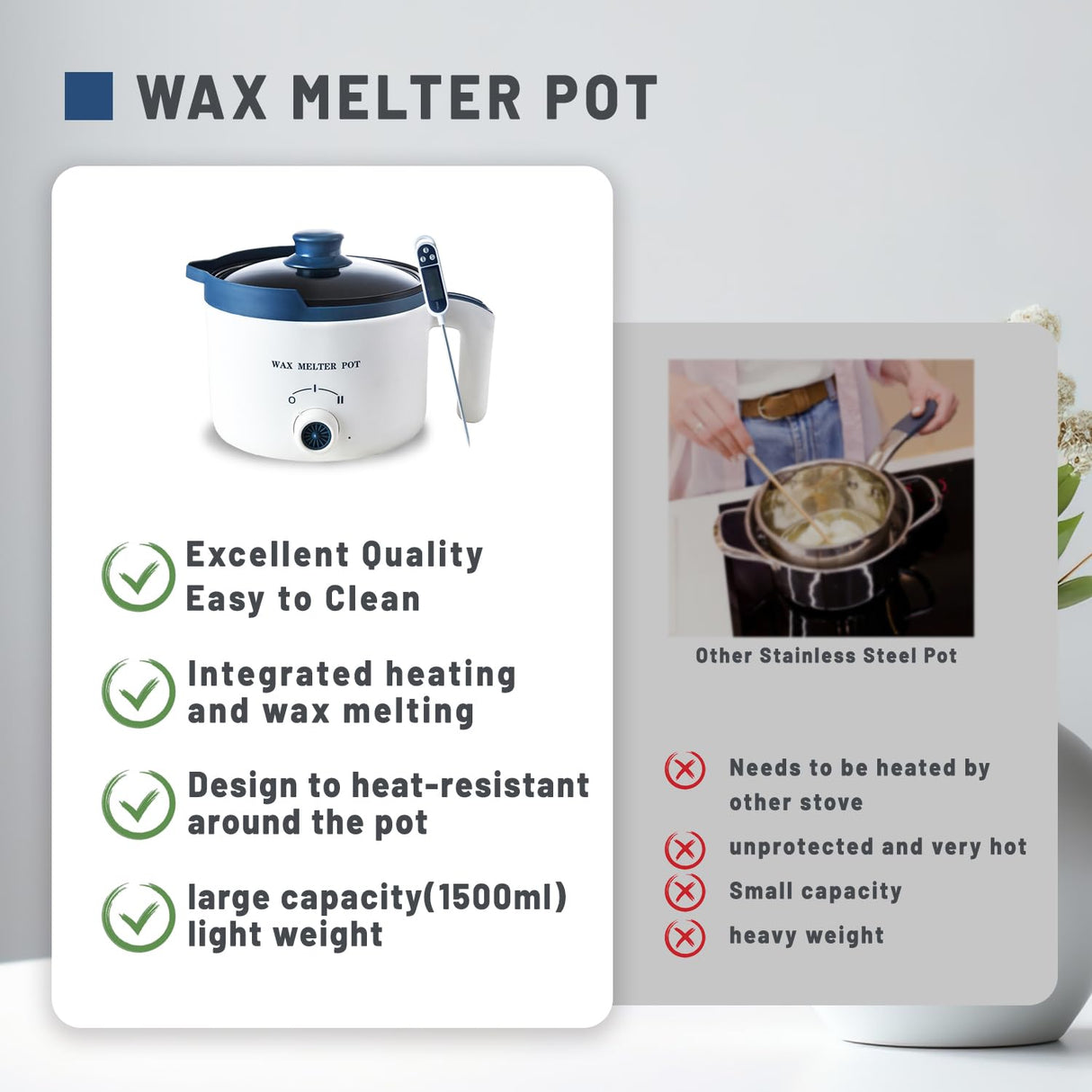 KQU Wax Melting Pot with Thermometer, Electric Wax Melter for Candle Making with Spout, Small Double Boiler Pot Set for Beginner Adults KQU