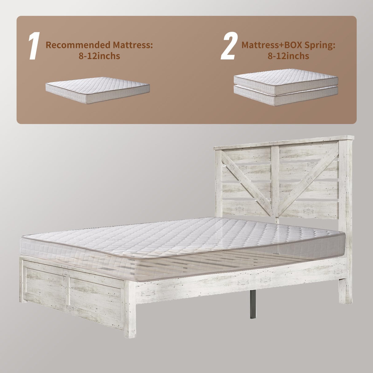 LUXOAK Queen Size Farmhouse Wooden Bed Frame, Platform Bed Frame with 49.2" Headboard/No Box Spring Needed/Noisy Free/Easy Assembly/Distressed White LUXOAK