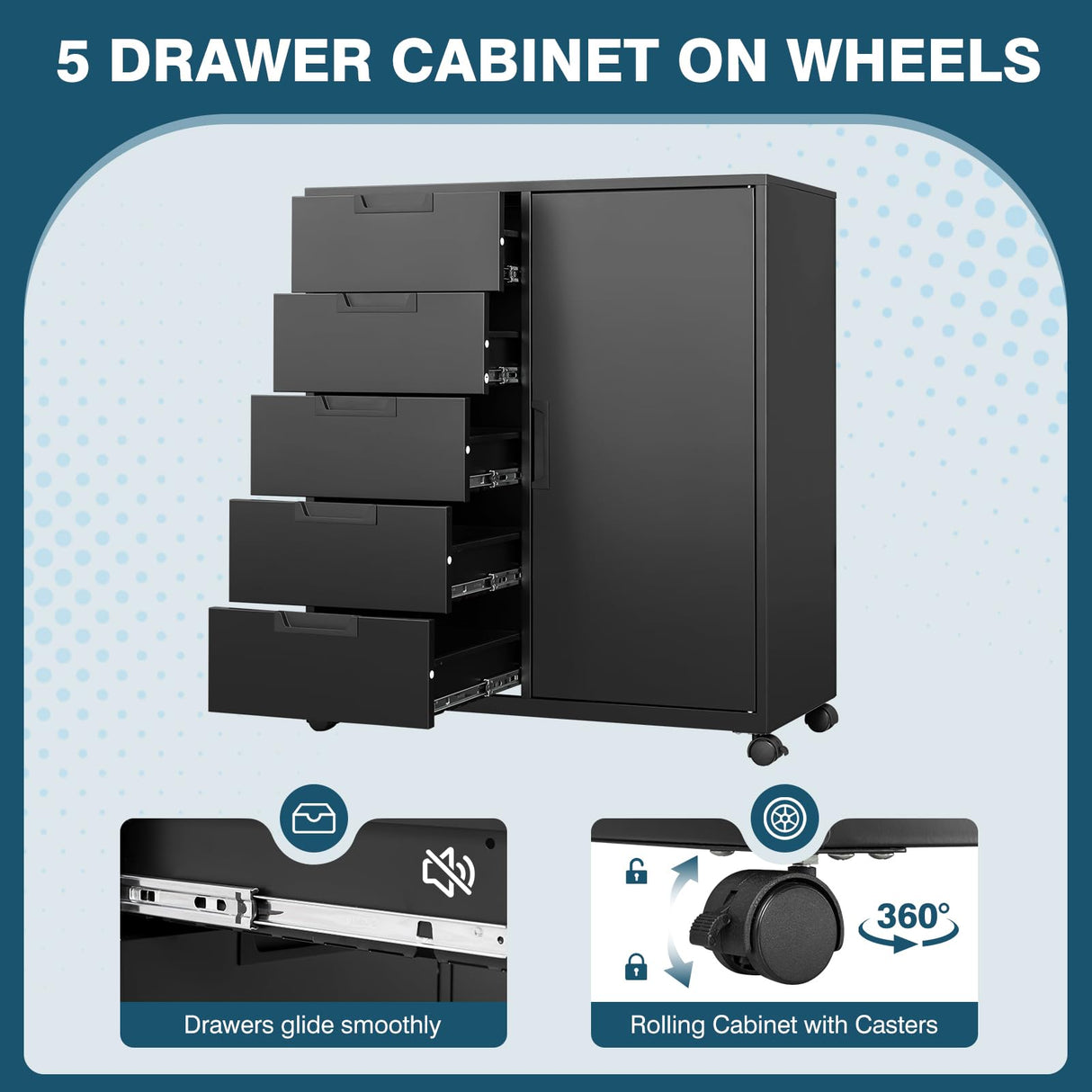 MIIIKO 5 Drawer Storage Cabinet with Door and Shelf, Mobile Lateral Cabinet on Wheels, Home Office Small Cabinet Organizer Printer Stand, Black File Cabinets MIIIKO