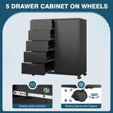 MIIIKO 5 Drawer Storage Cabinet with Door and Shelf, Mobile Lateral Cabinet on Wheels, Home Office Small Cabinet Organizer Printer Stand, Black File Cabinets MIIIKO