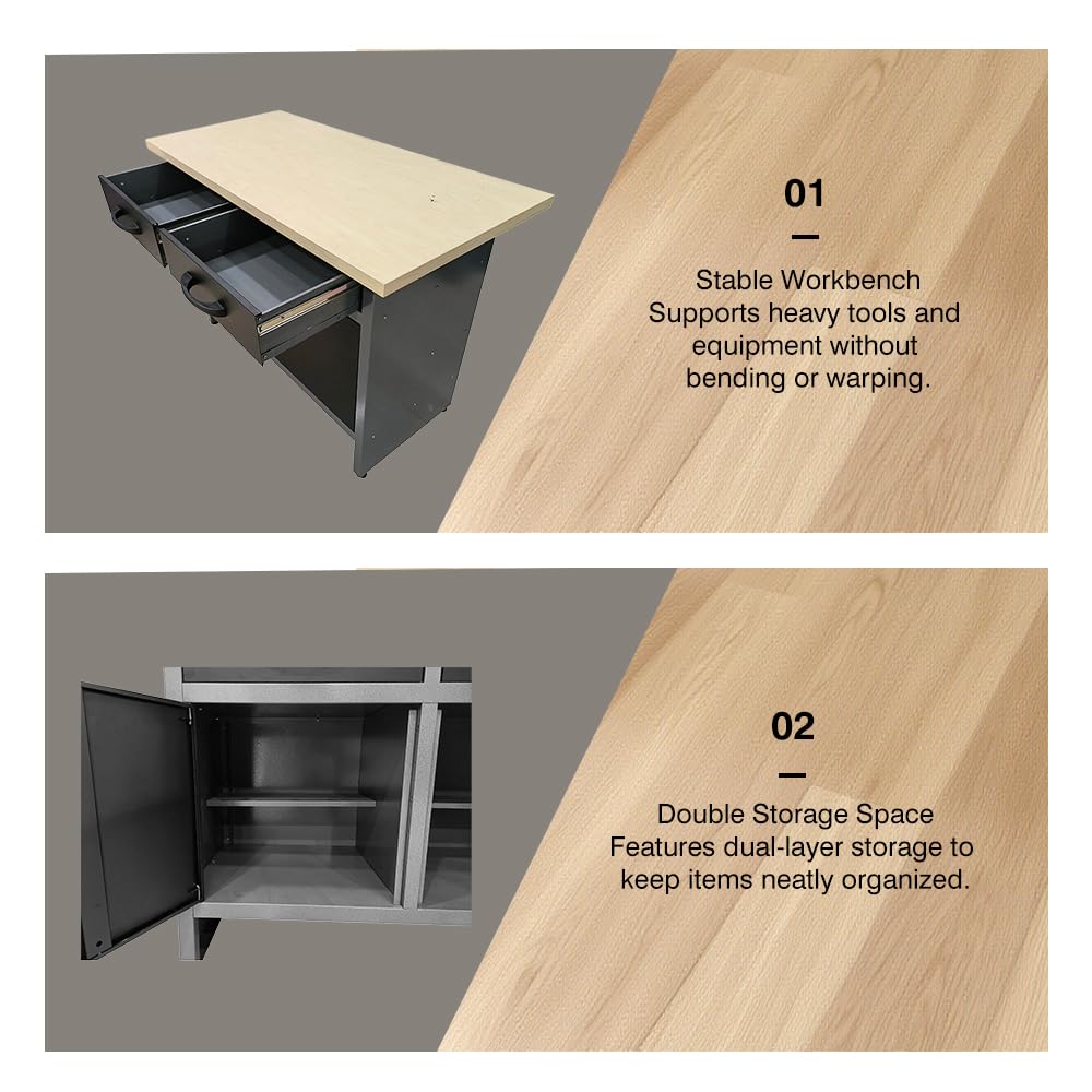 JZD Steel Garage Cabinets System Set, Includes Wood Workbench, Tool Cabinet, Black & Grey JZD