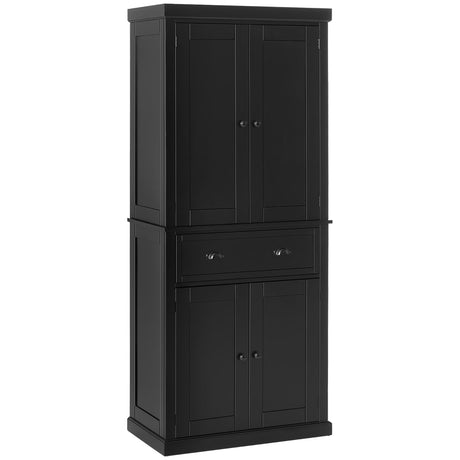 HOMCOM 72" Kitchen Pantry Cabinet, Traditional Freestanding Storage Cabinet with 4 Doors, Drawer and 3 Adjustable Shelves for Dining Room, Black HOMCOM
