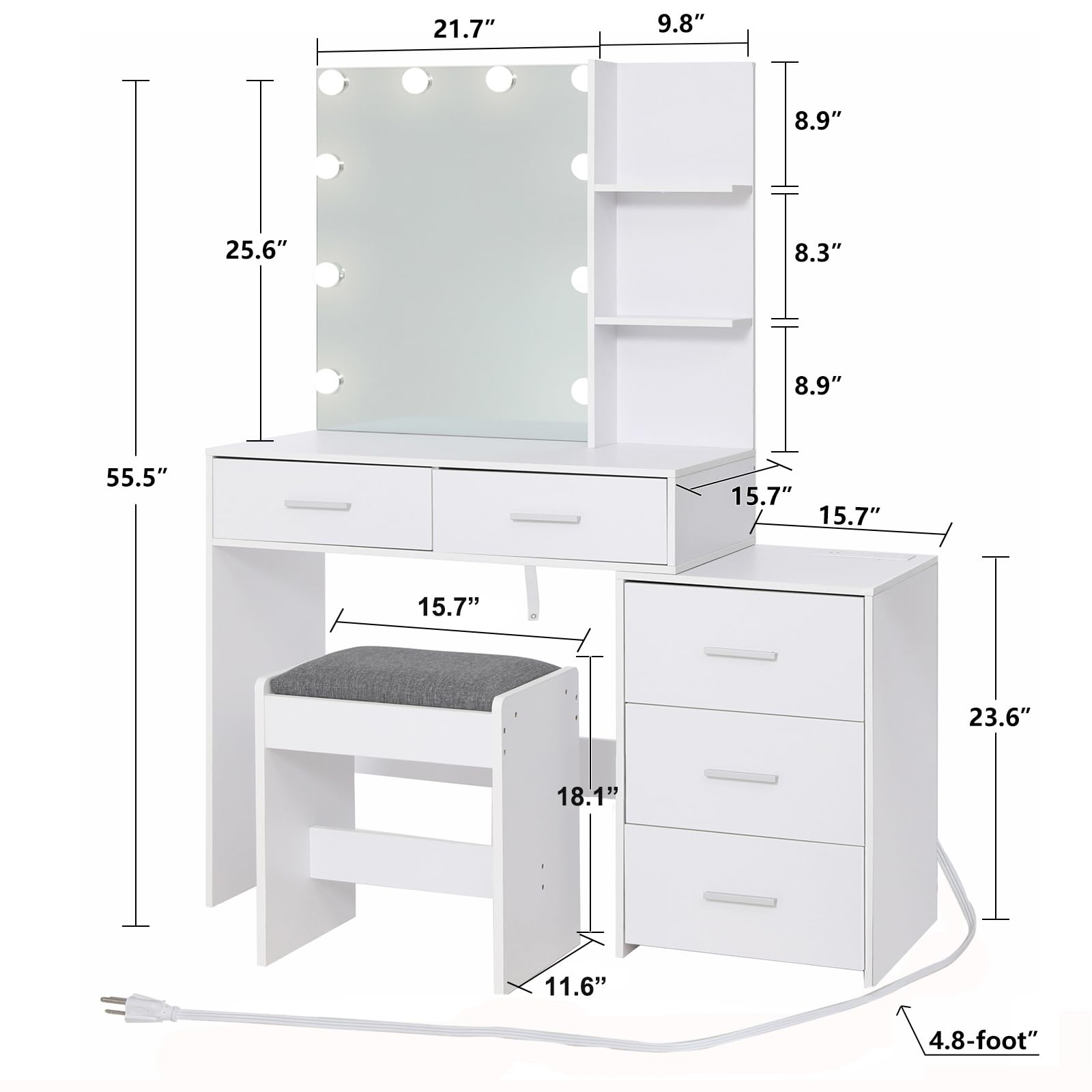 usikey Large Vanity Desk with Mirror & 10 LED Lights, Makeup Vanity Dressing Table with Power Strip, Storage Shelves & 5 Drawers, Vanity Table Set with Cushioned Stool for Women Girls, White - WoodArtSupply