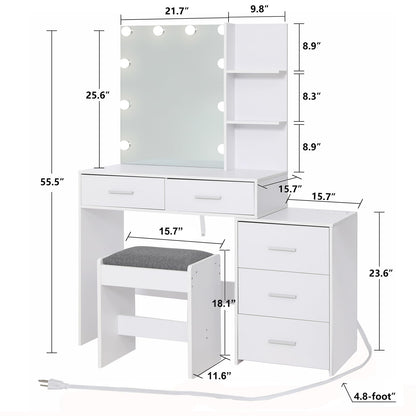 usikey Large Vanity Desk with Mirror & 10 LED Lights, Makeup Vanity Dressing Table with Power Strip, Storage Shelves & 5 Drawers, Vanity Table Set with Cushioned Stool for Women Girls, White - WoodArtSupply