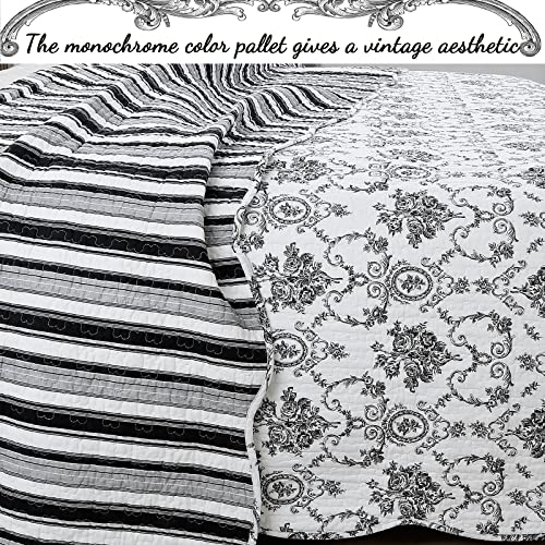 Cozy Line Home Fashions French Medallion Black White Grey Rose Flower Pattern Printed 100% Cotton Bedding Quilt Set Reversible Coverlet Bedspread (Black White, Queen - 3 Piece) Cozy Line Home Fashions