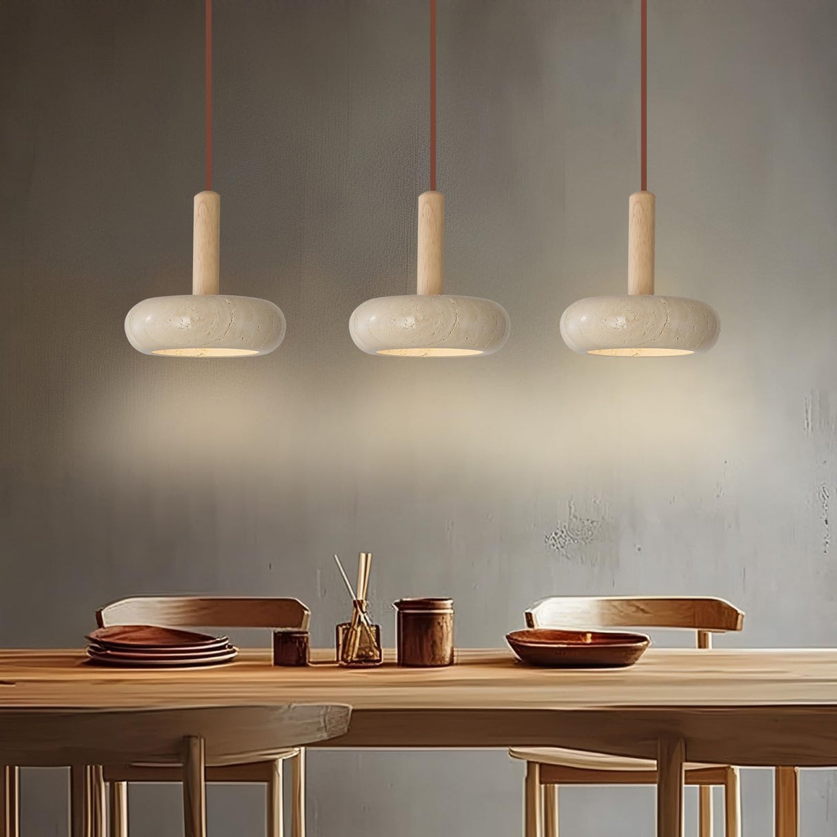 JIANTLAIUS 2PCS Japanese Wabi-sabi Style Pendant Light Round Natural Stone Shade Nordic Wood Chandelier Bedroom Bedside Light 12W for Living Dining Room Table Ceiling Hanging Lamp JIANTLAIUS