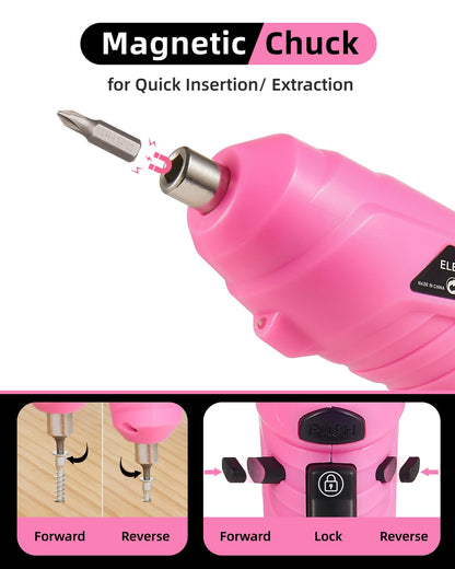 Durofort Pink Cordless Electric Screwdriver Set, 3.7V Rechargeable Small Electric Drill with 48pcs Driver Bit Set, Power 3Nm Screw Gun with 2 Position Handle, Flexible Shaft LED Light for Wom - WoodArtSupply