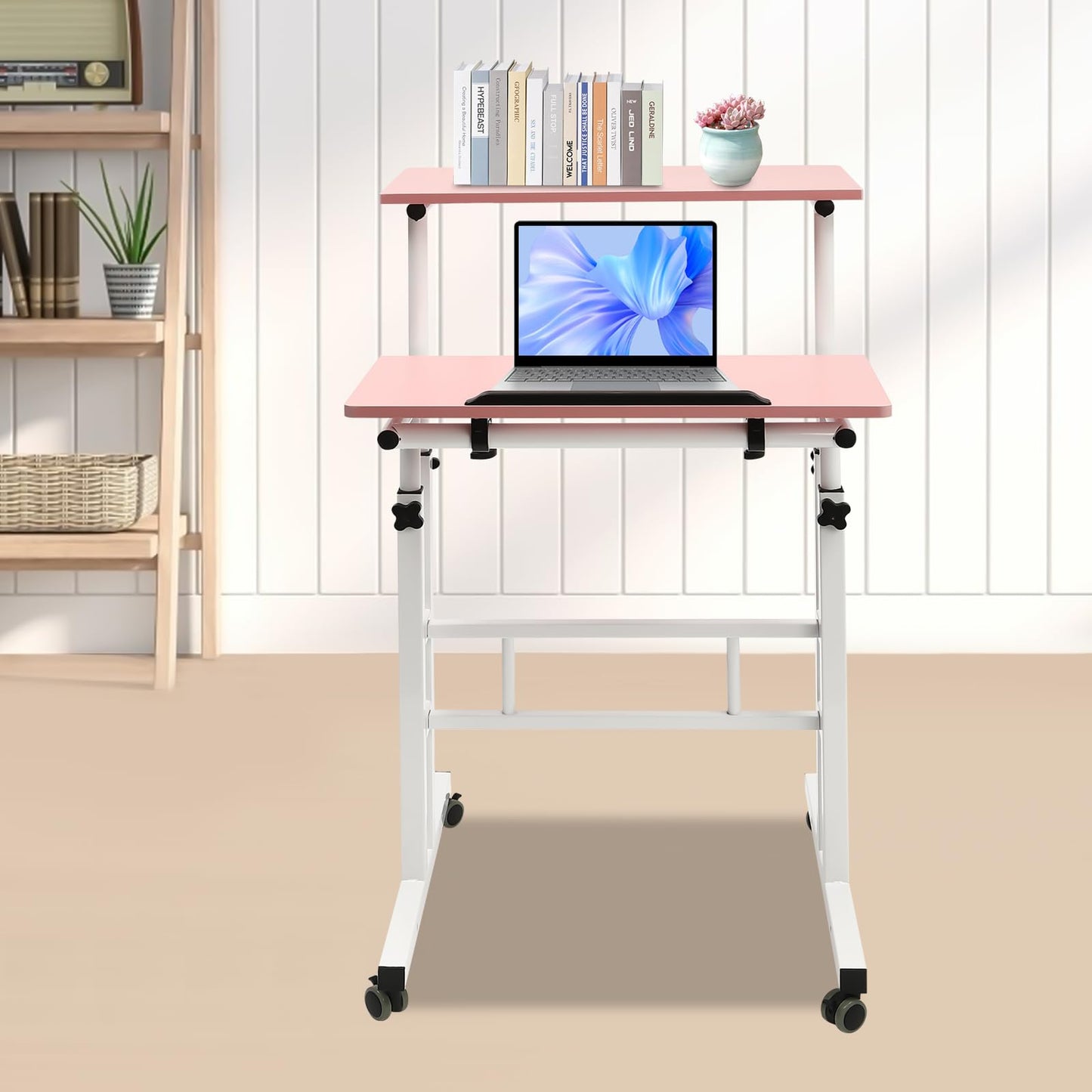 YUYANSHOP 24" Mobile Stand Desk, Small Lift Table Adjustable Standing Desk with Wheels Storage Home Office Workstation, Portable Rolling Desk Laptop Cart for Standing&Sitting (24", Pink)