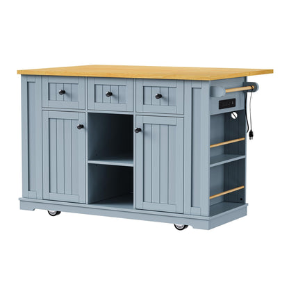 Amposei Kitchen Storage Island on Wheels with Drop Leaf & Power Outlet, Rolling Kitchen Island Cart with Open Side Racks, Door Shelves and Towel Bar, 53-Inch, Gray Blue